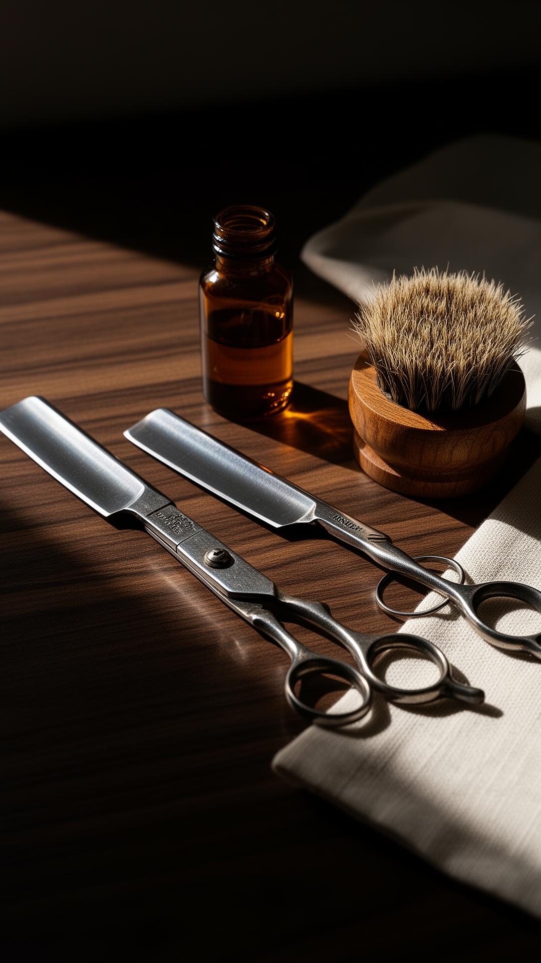 Premium barber tools on walnut